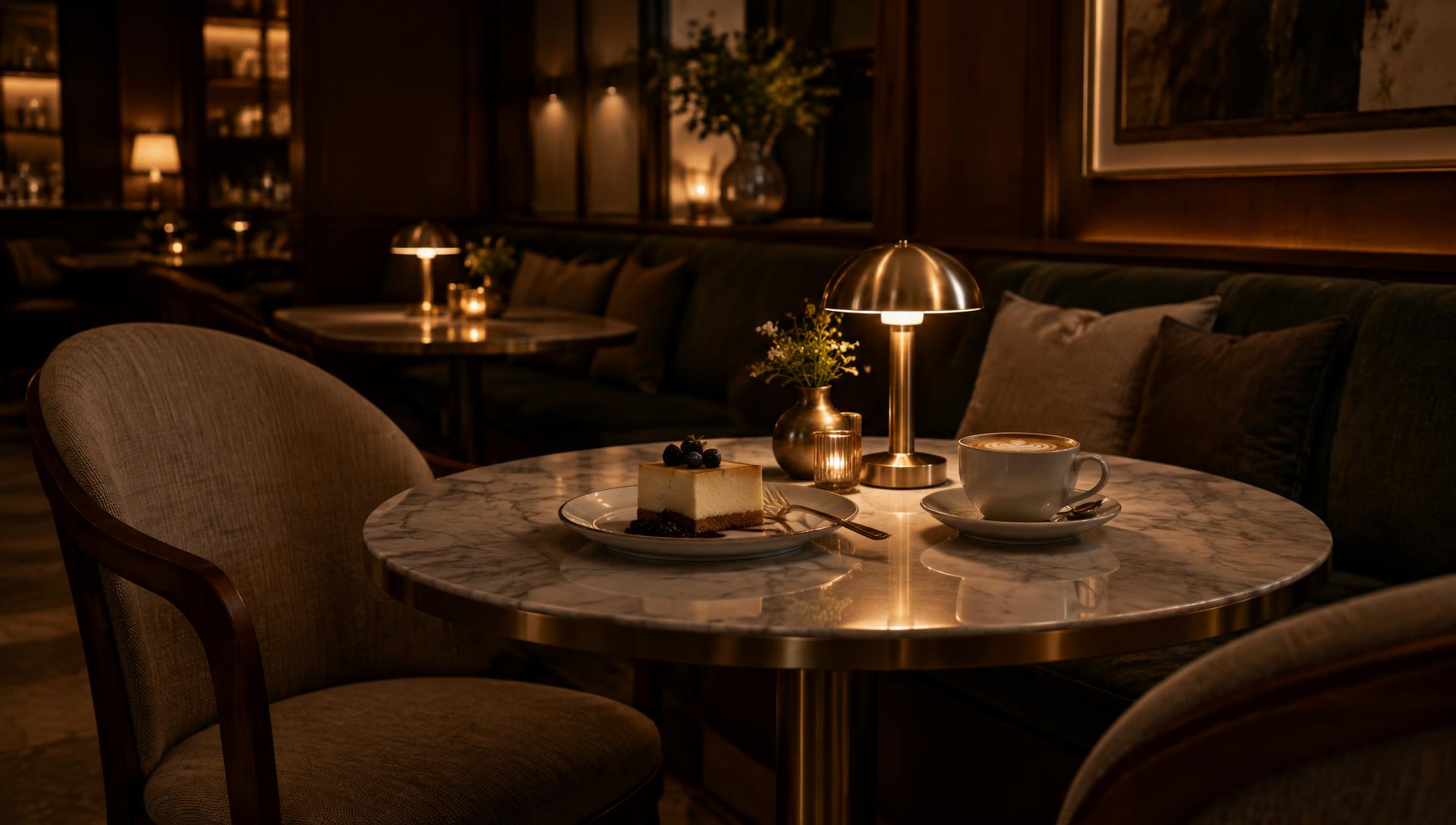 Café table for two beside a window at dusk