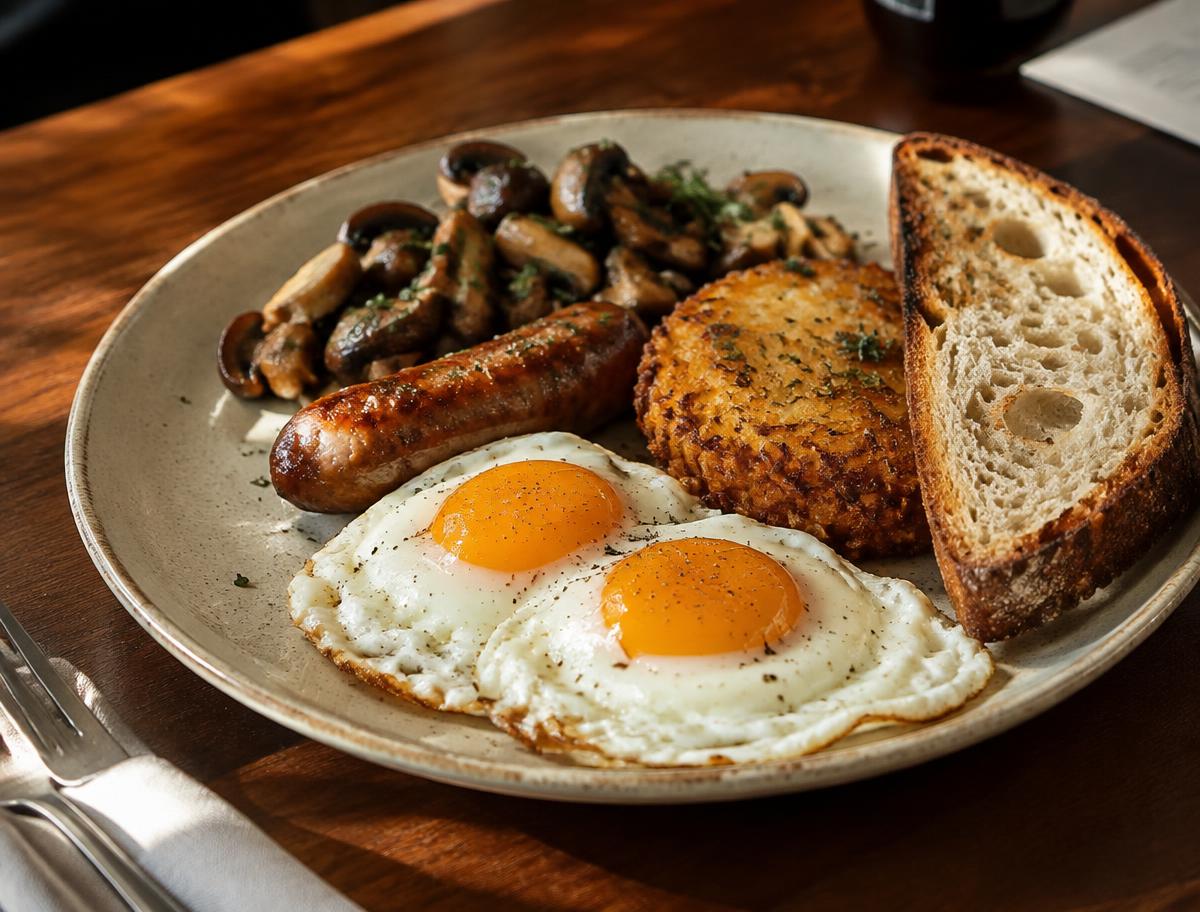 Brunch plate with eggs, sourdough and mushrooms