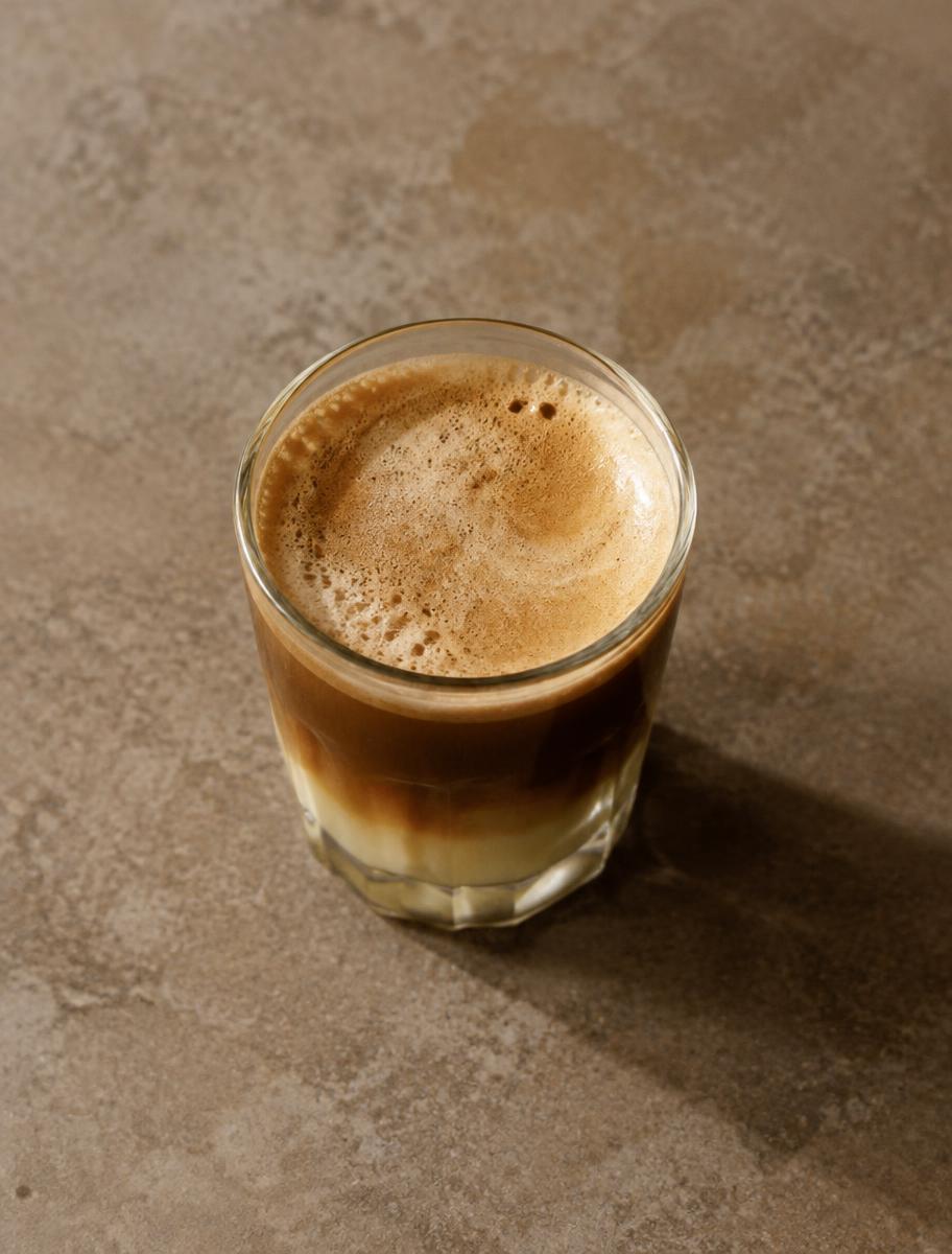 Spanish latte in a glass on a stone surface