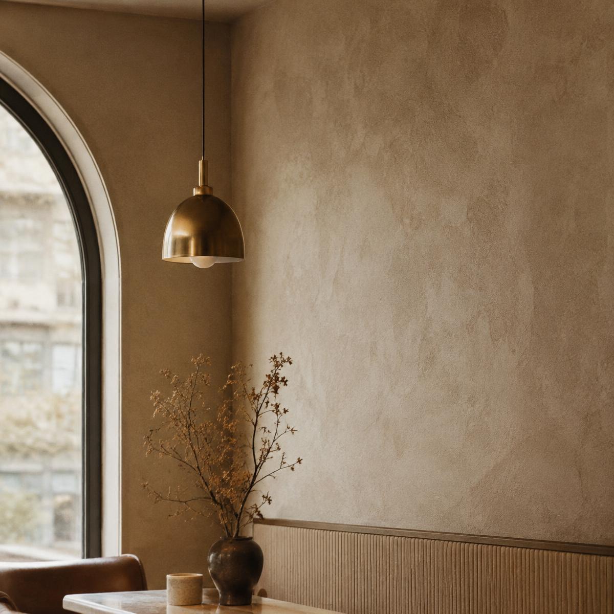 Café corner with brass pendant light and dried branches