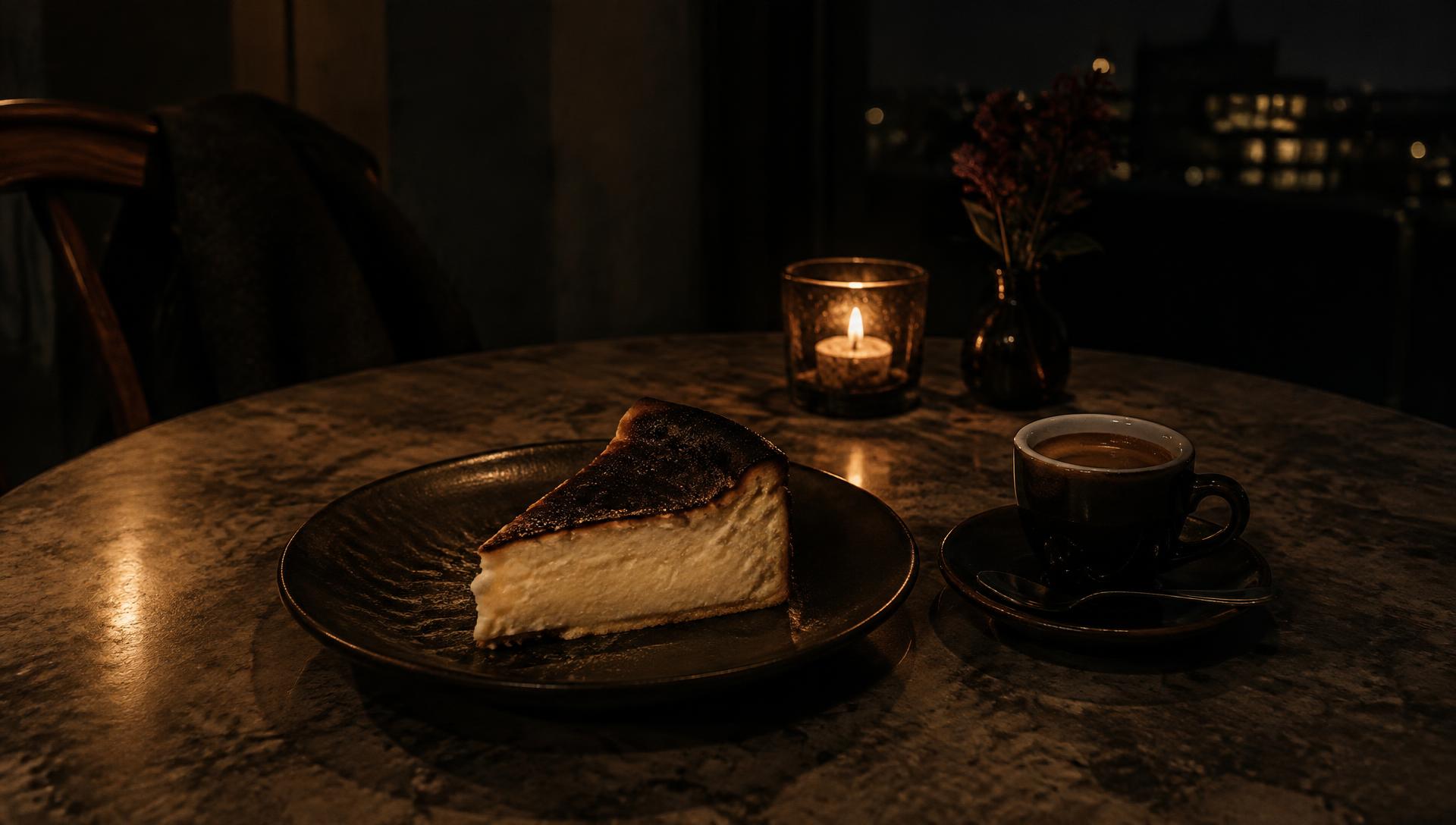 Basque cheesecake and espresso on a stone table by candlelight