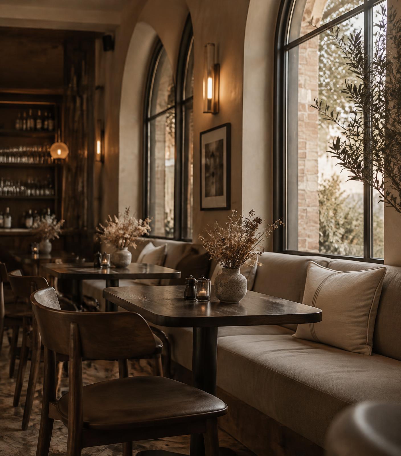 Warm café interior with linen banquette seating and arched windows